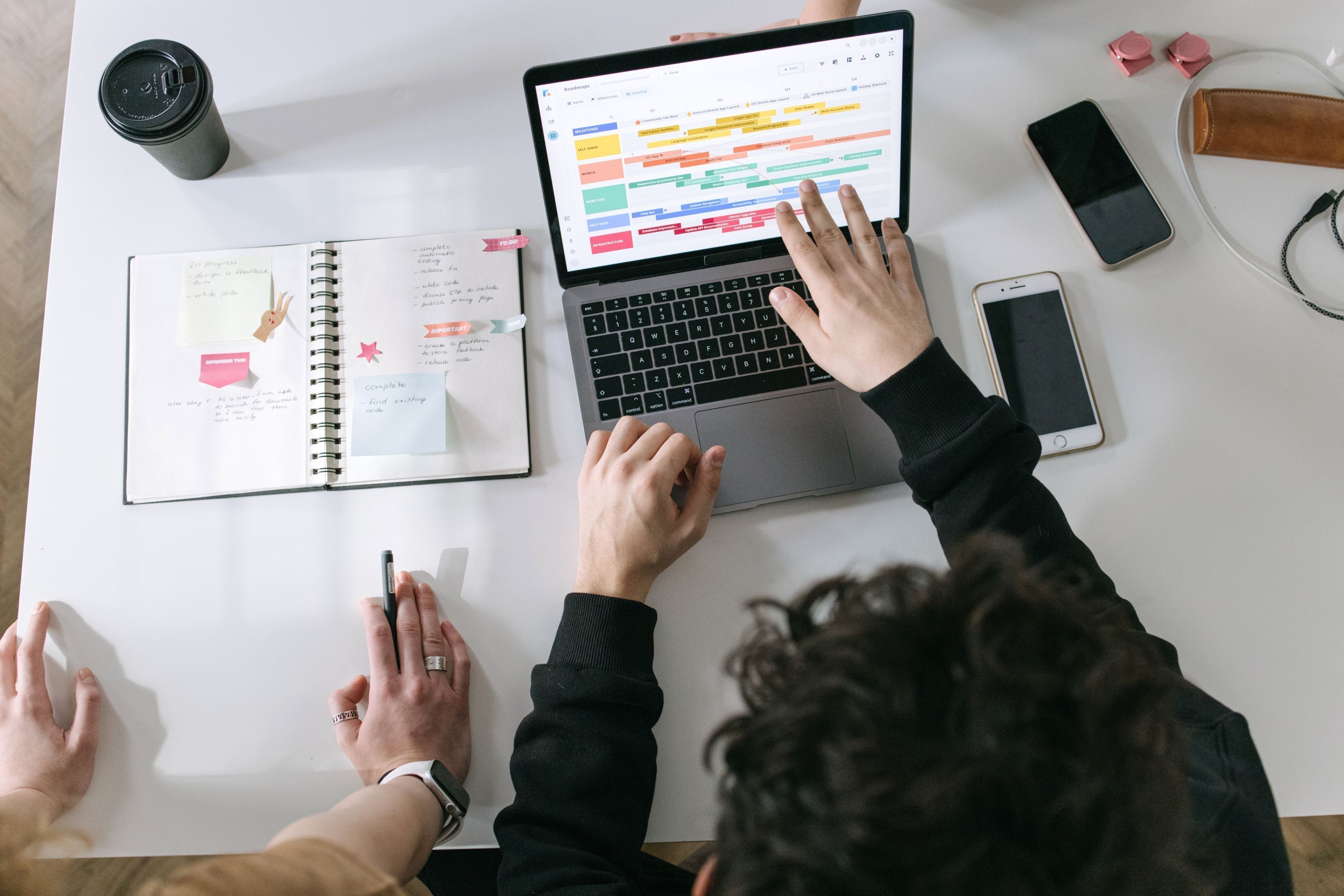 Two people reviewing busy calendar schedules on a laptop with paper calendar and smartphone beside them