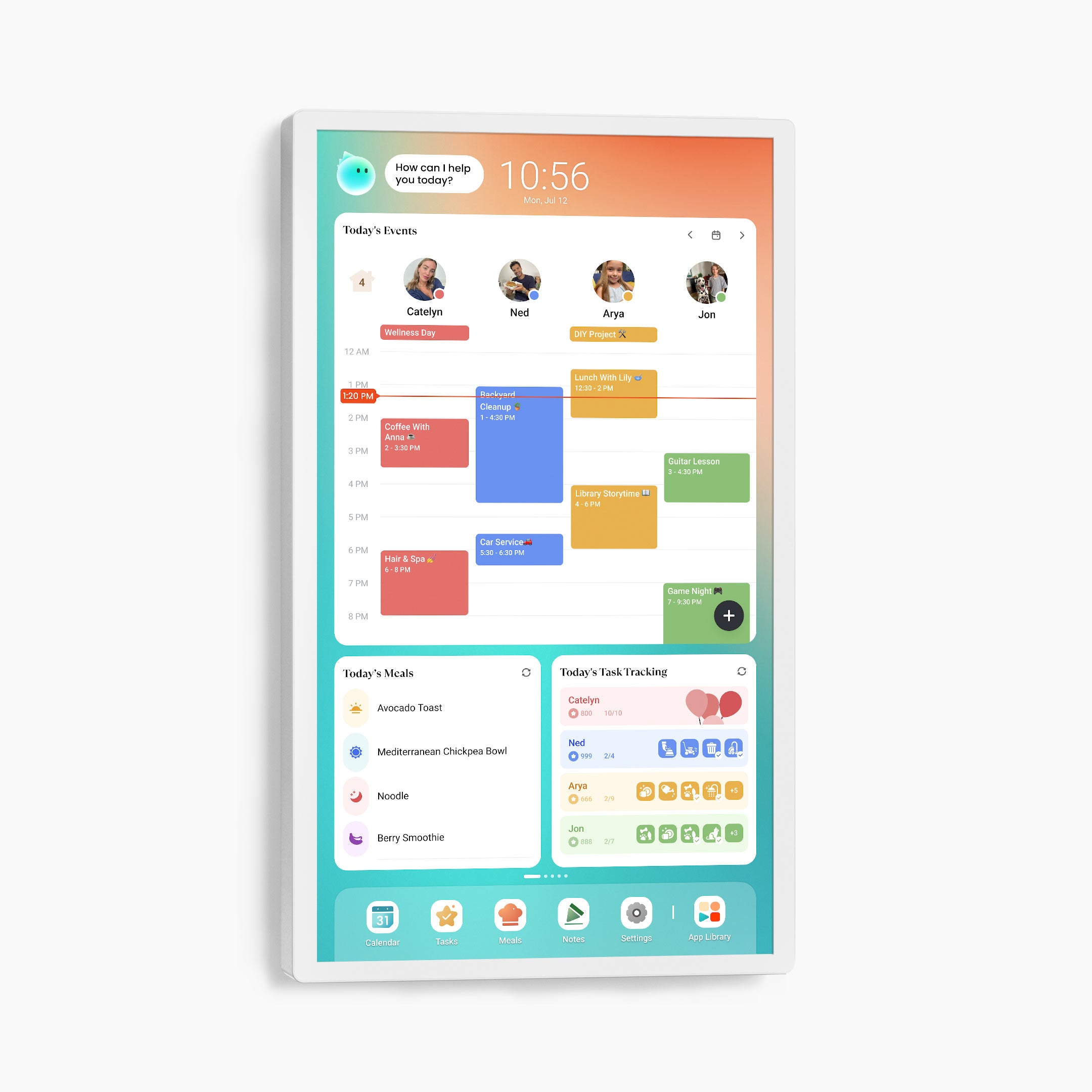 Cozyla calendar+ 2 with a clean family dashboard featuring daily schedules, meal planning, and task tracking for every family member