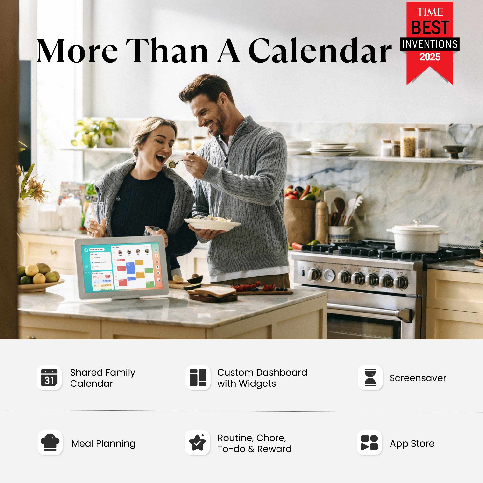 Couple in a kitchen with a 15.6" Cozyla digital family calendar on a laptop
