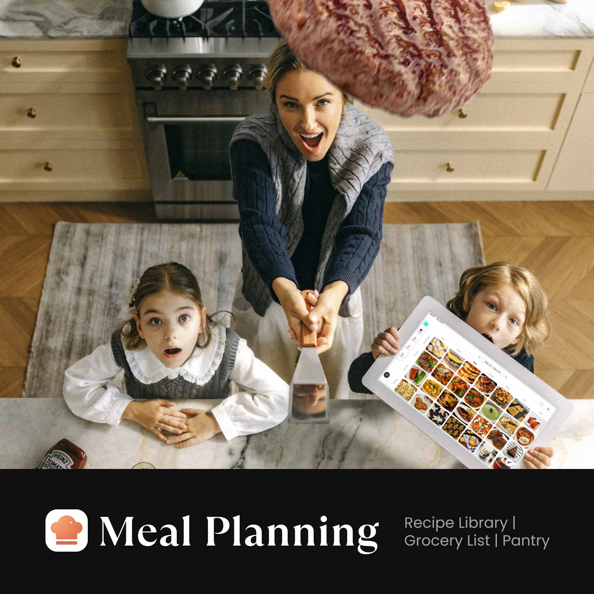 A mother and two children in a kitchen with a 15.6" Cozyla Calendar+ 2 showing the Recipe Library interface