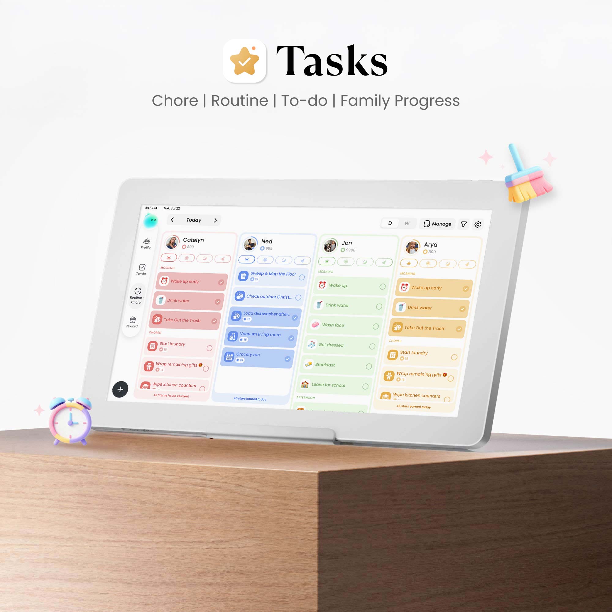 Task management interface on the Cozyla 15.6" Calendar+ 2 for every family member, featuring Chores, Routines, and To-Dos