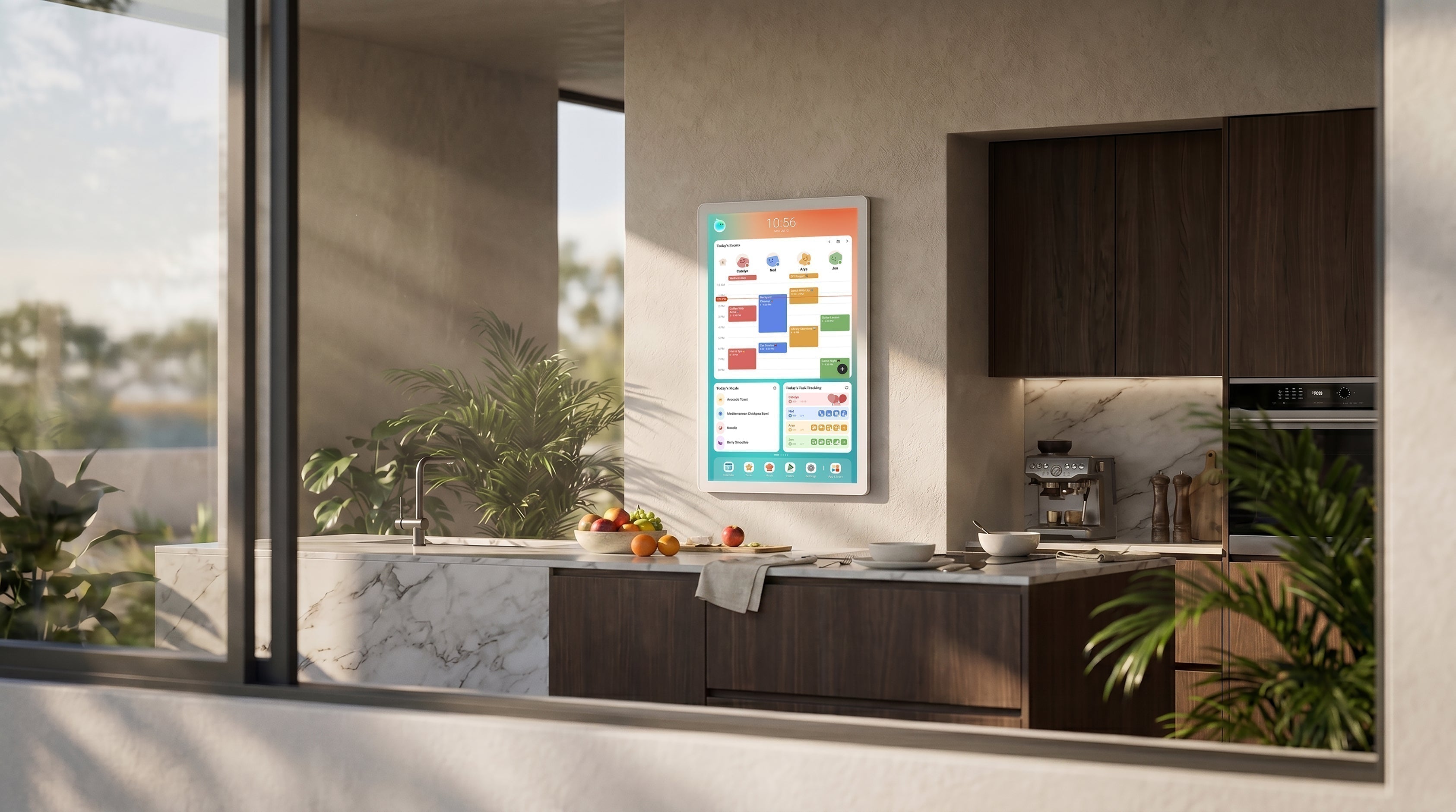 Cozyla digital calendar on the wall of a kitchen
