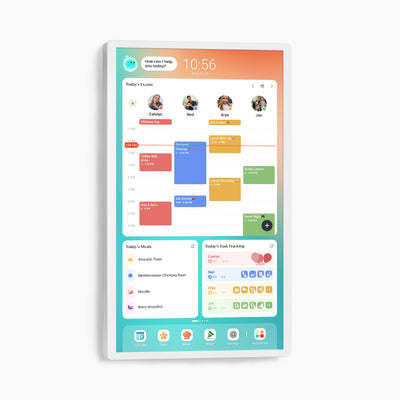 Cozyla calendar+ 2 with a clean family dashboard featuring daily schedules, meal planning, and task tracking for every family member