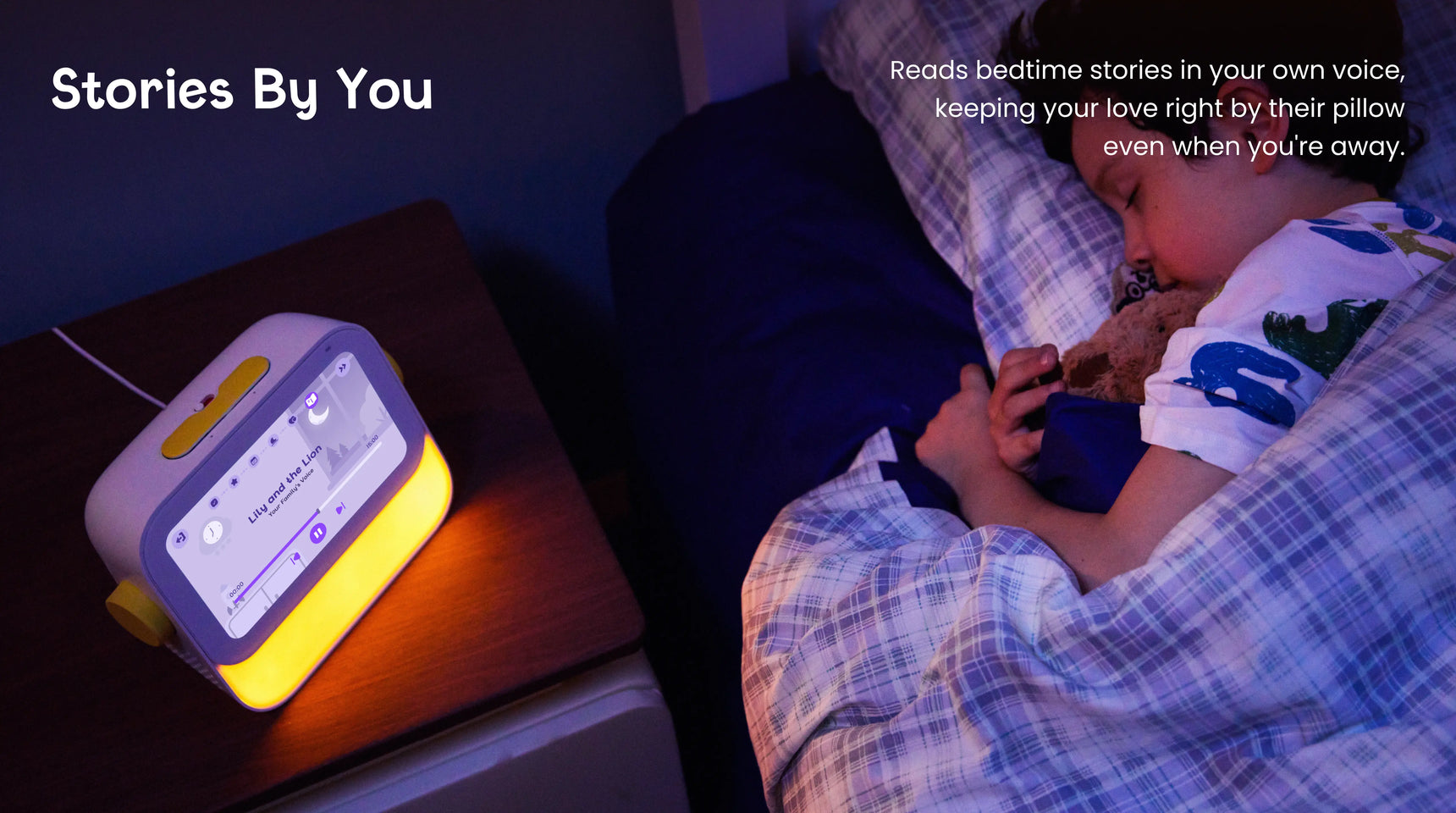 Cozyla Routie, a smart bedside alarm clock with a soothing night light and screen displaying a bedtime story interface, placed on a nightstand next to a child sleeping in bed