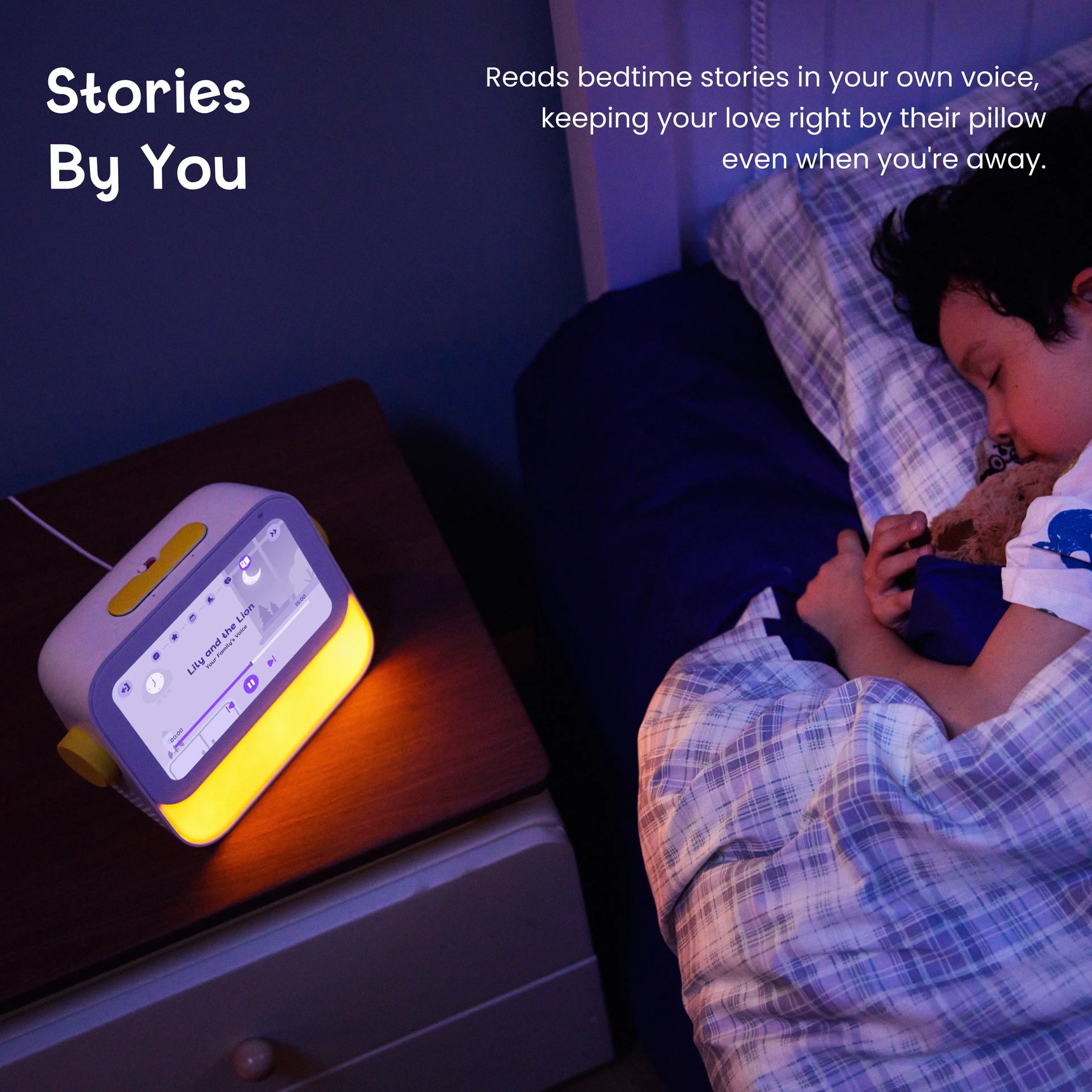 Cozyla Routie, a smart bedside story player with a soothing night light and screen displaying a bedtime story interface, placed on a nightstand next to a child sleeping in bed