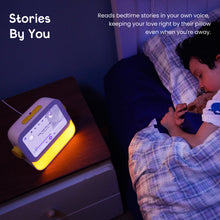 Cozyla Routie, a smart bedside story player with a soothing night light and screen displaying a bedtime story interface, placed on a nightstand next to a child sleeping in bed