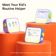 Three smart routine helper devices in purple, blue, and mint green are displayed on orange cylindrical pedestals against a cream background
