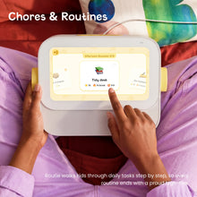 A child interacting with the Afternoon Routines interface on Cozyla Routie the kids' routine device