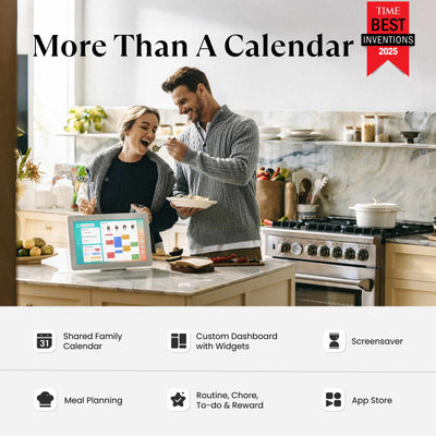 Couple in a kitchen with a 15.6" Cozyla digital family calendar on a laptop