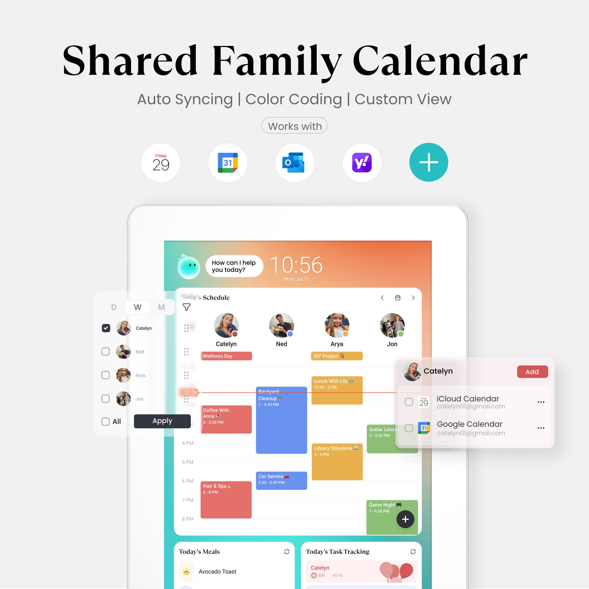 Cozyla calendar's interface with seamless shared family calendar sync across Apple, Google, Outlook, and Yahoo Calendar