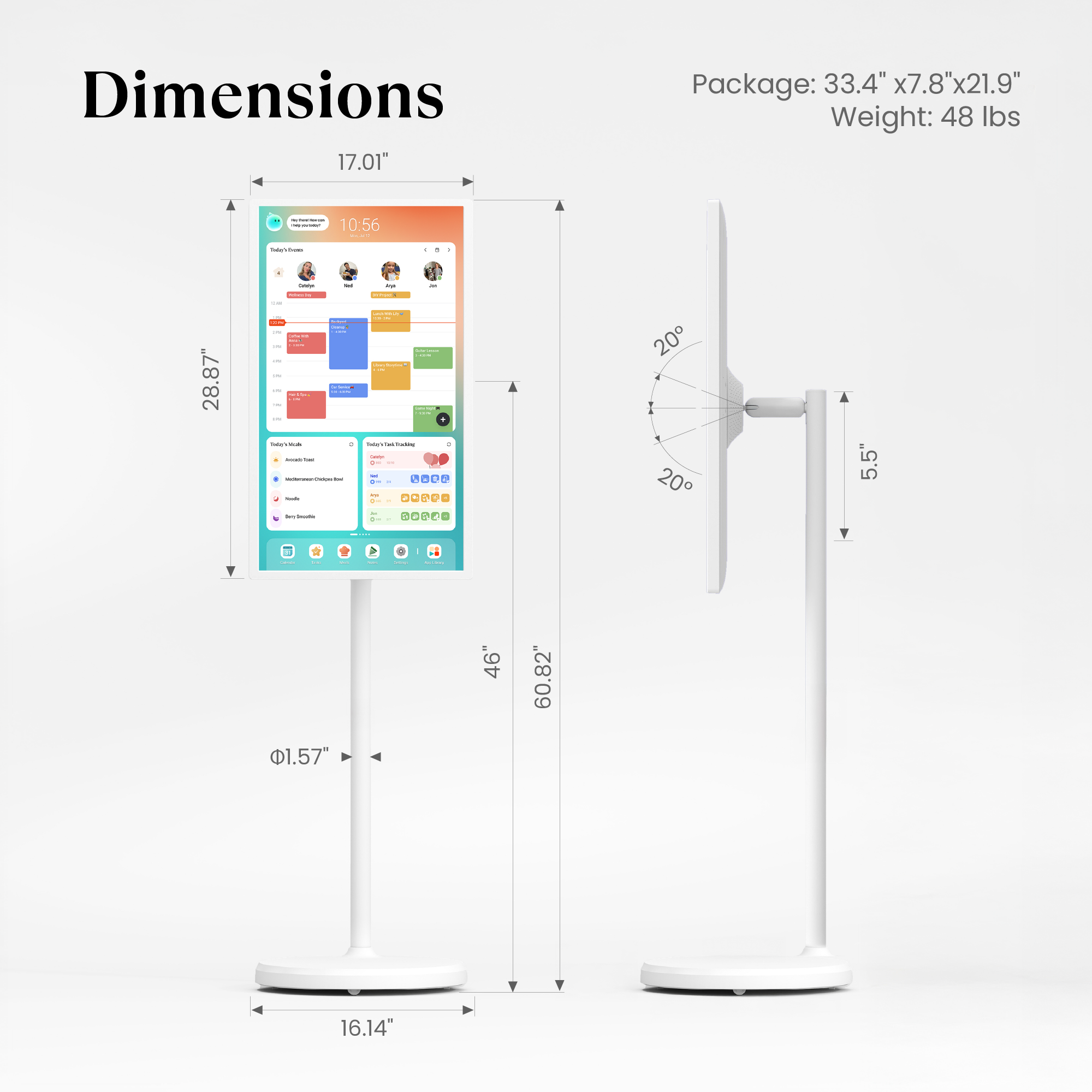Dimension chart of a Cozyla 32" Calendar Plus Go