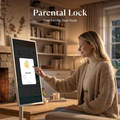 A mother using the Parental Lock feature on a Cozyla 32-in cordless Calendar+ Go