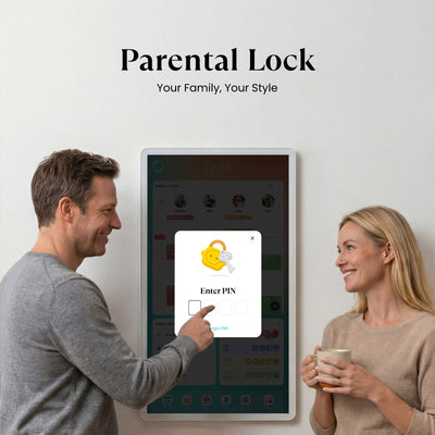 Parents interacting with the Parental Lock function on the Cozyla wall calendar+ 2