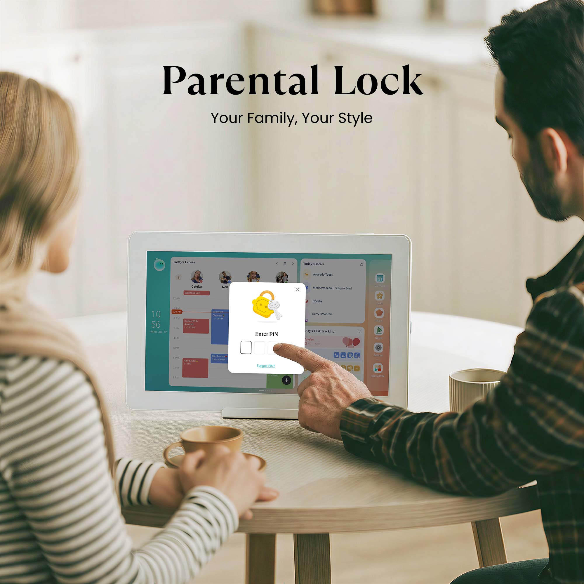 Parents setting up Parental Lock on a 15.6" Cozyla Calendar+ 2