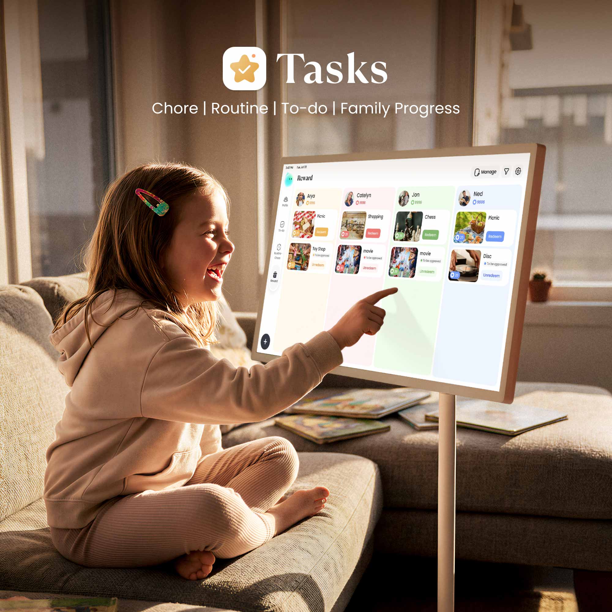 A happy little girl interacting the Reward interface on a Cozyla 32-in Calendar+ Go