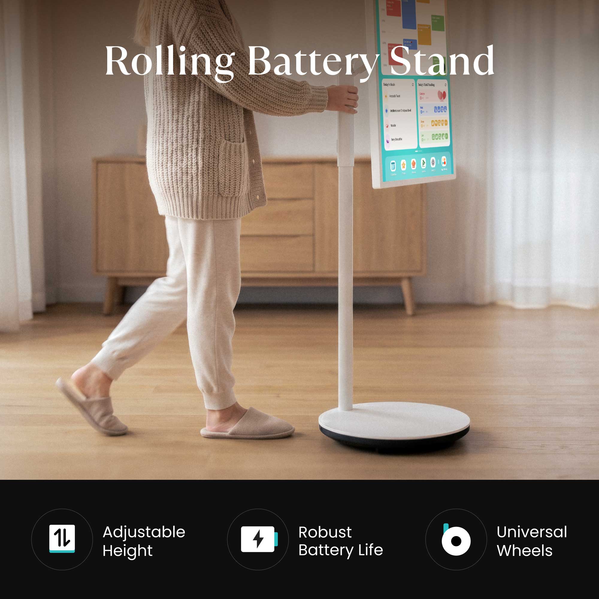 Rolling battery stand of the Cozyla 32-in Calendar Plus Go