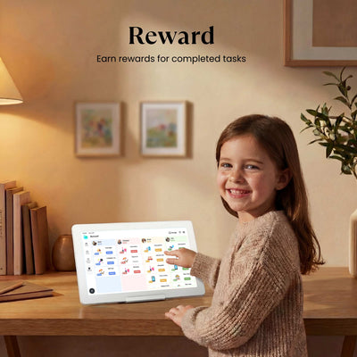 A child using a 15.6-inch Cozyla Calendar+ 2 with the Reward interface
