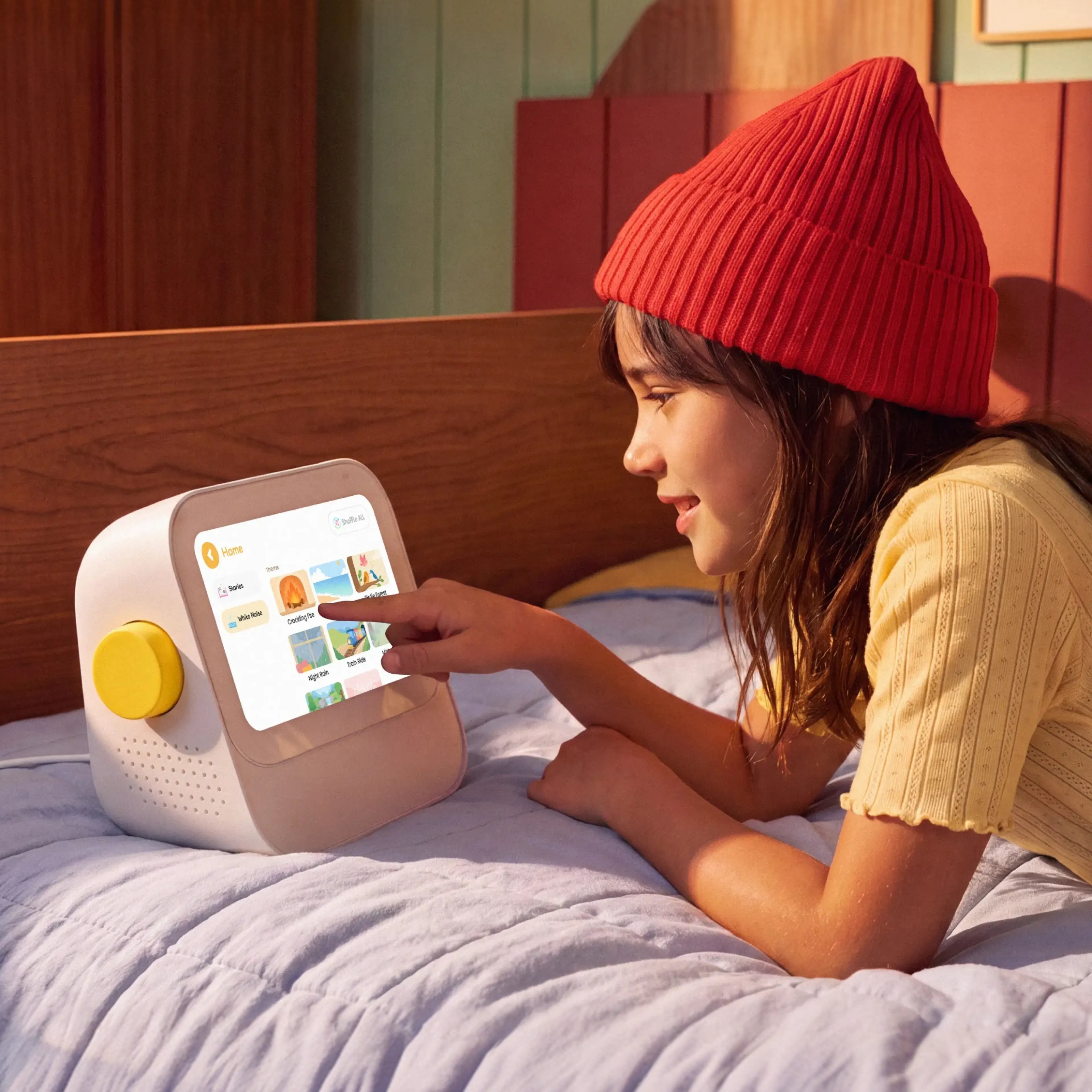 A little girl pointing at the story interface of Cozyla's smart routine helper for kids called Routie. 