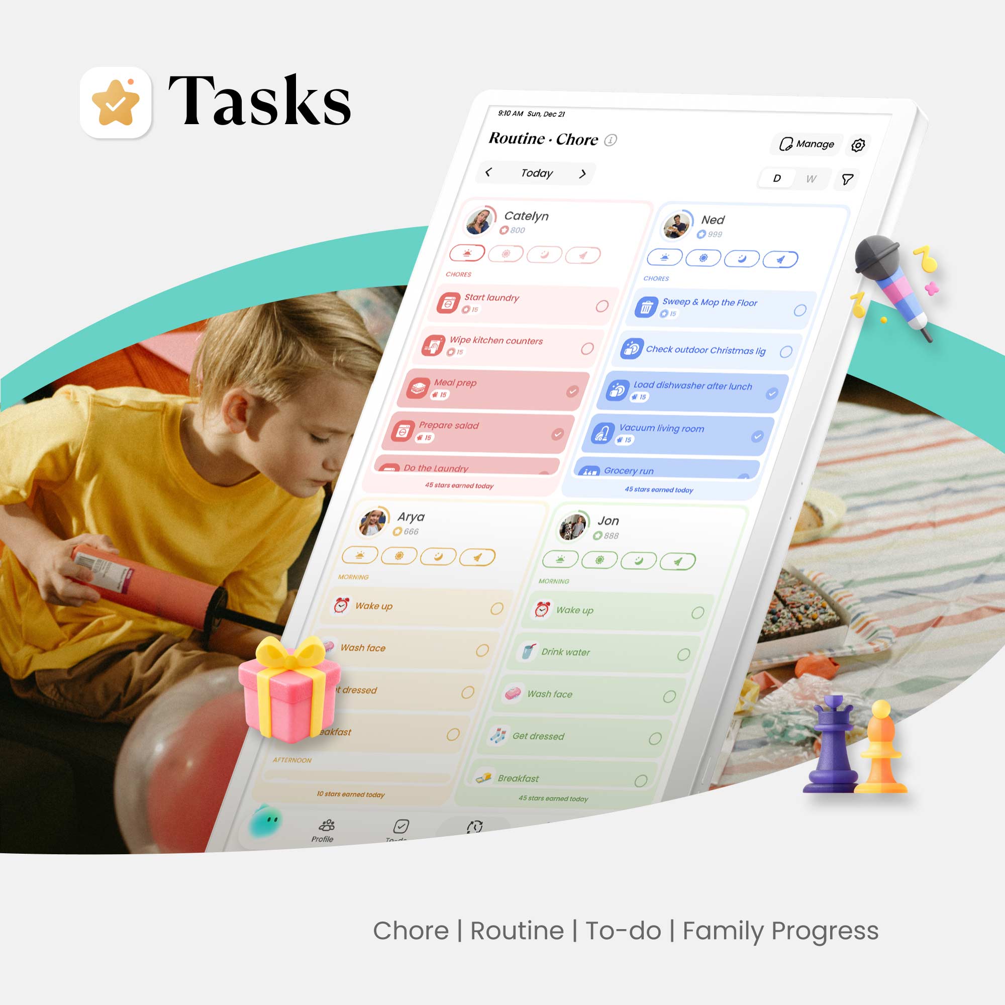 Tasks interface (including Chore, Routine, To-do) on Cozyla digital calendar+ 2 with a child in the background