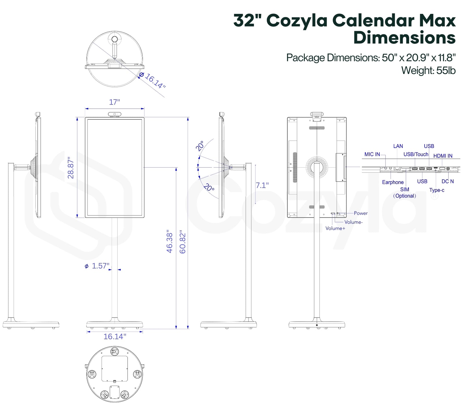 32" Cozyla Calendar Max Portable Digital Family Calendar AllInOne Sm